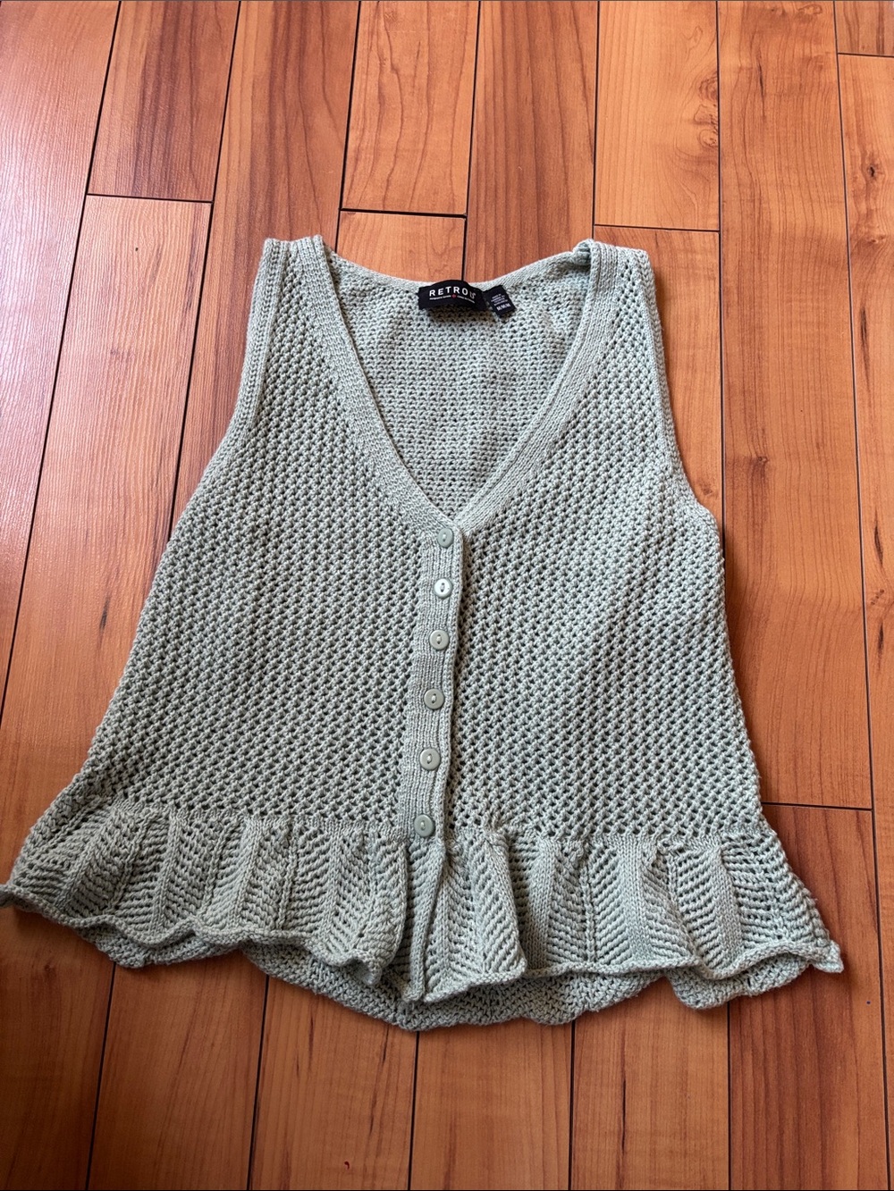 Retro Sage Green Knit Button-Front Ruffle Hem Tank